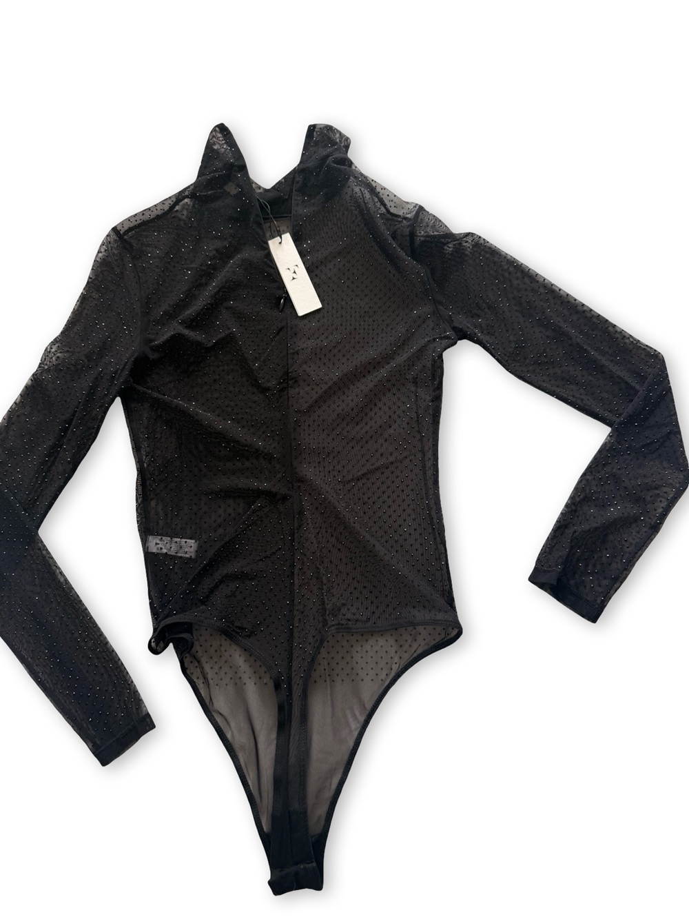 Fleur du Mal Sheer Rhinestone Mock-Neck Long Sleeve Top — Black - Picture 2 of 4